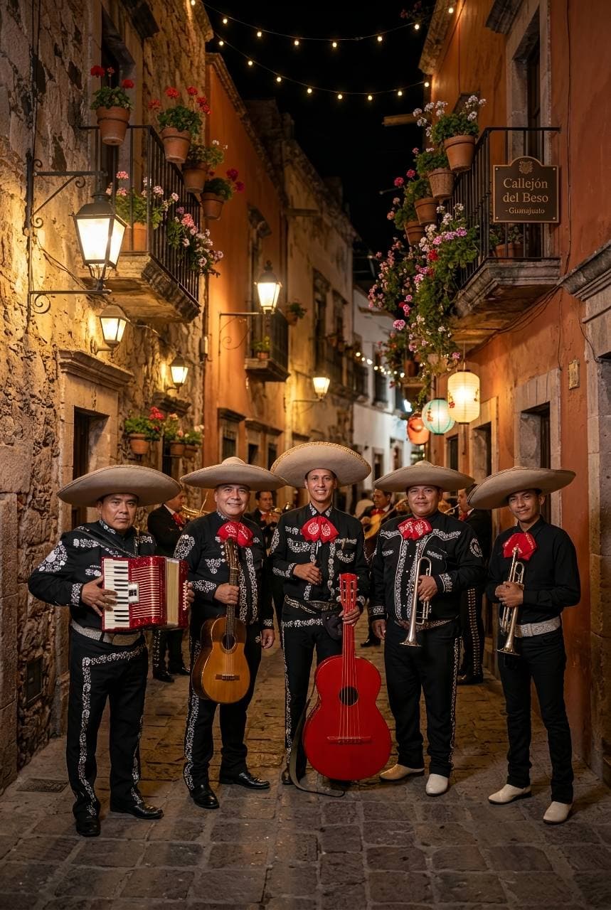 Grupo de mariachis en una calle colonial iluminada de noche